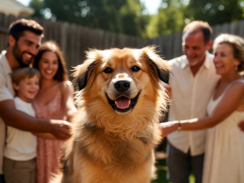 Tillman grinning in a sunlit backyard between both of his families